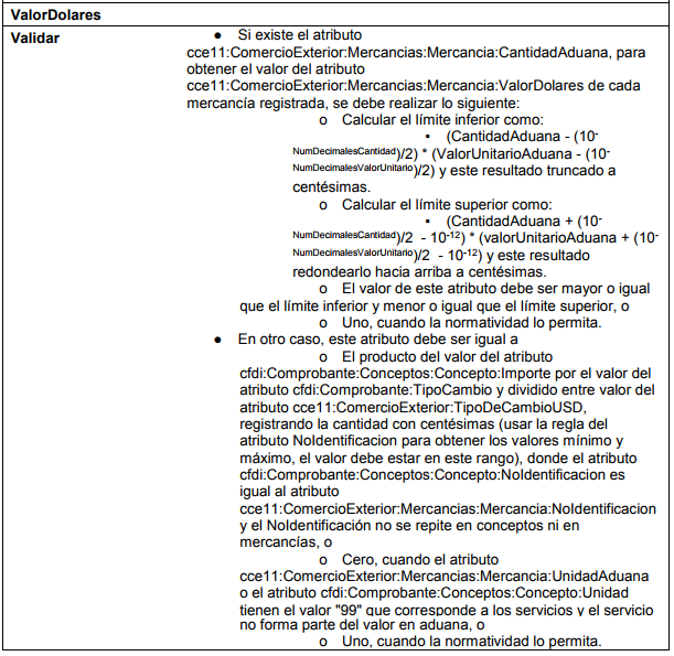 CCE205 La suma de los campos cce11:ComercioExterior:Mercancias:Mercancia:ValorDolares distintos de 