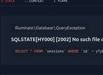 Illuminate \ Database \ QueryException PHP SQLSTATE[HY000] [2002] No such file or directory select * from sessions where id = B9e limit 1